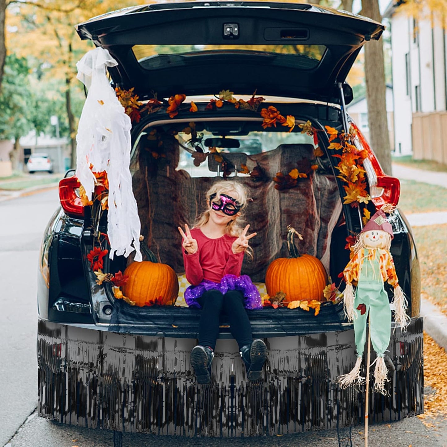 4 Pack Black Float Fringe Curtains, Metallic Foil Fringe Garland Shiny Tassel Foil Parade Float Decorations for Trailer Car Graduation Homecoming Outdoor Indoor Party