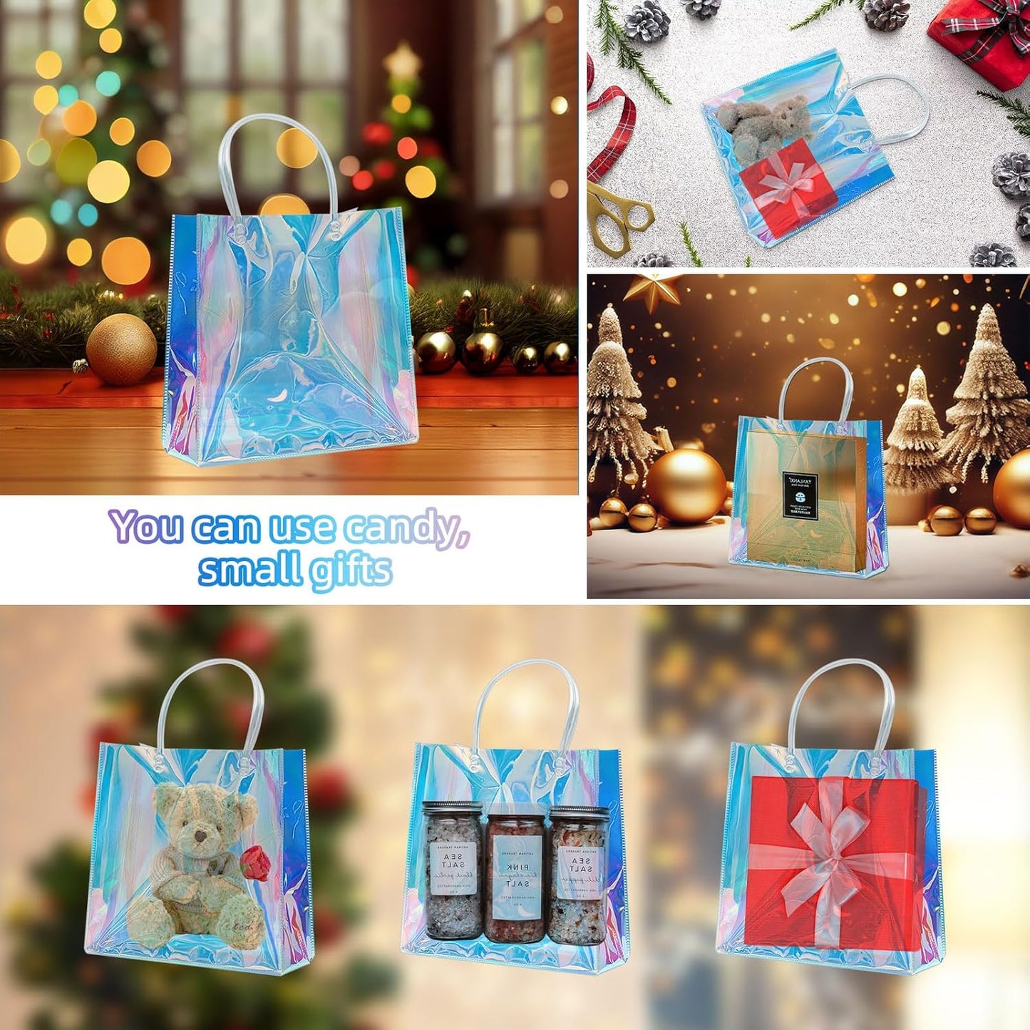 Vankcp 16 PCS Mini Party Favor Bags, 5.9×6.3inch Clear PVC Gift Bags with Handles, Iridescent Clear Bags, Holographic Gifts Bag for Birthday Weddings Party Favors Gifts