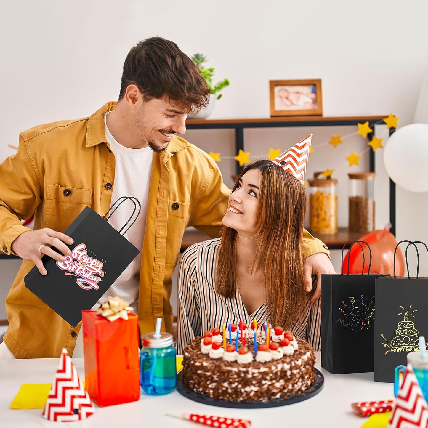 METRONIC 20 Pack 5.25x3.75x8 Small Black Gift Bags, Kraft Paper Shopping Bag with Handles for Small Business, Boutique, Gift Wrap, Bulk