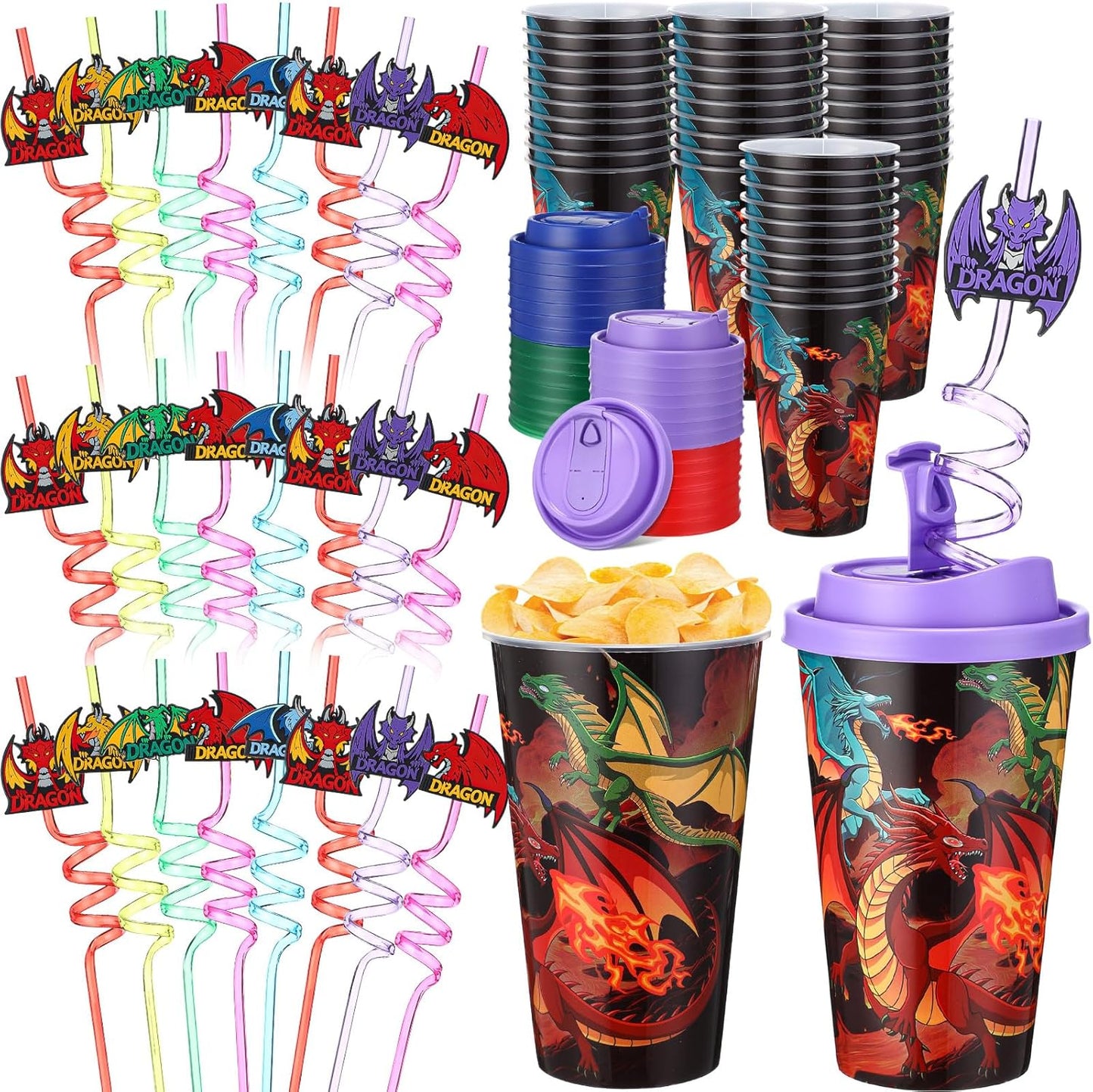 Yungyan 16 Sets Dragon Party Favors Goodie Cups with Lids and Straws for Birthday Decorations Reusable 16oz Plastic Candy Cups Plastic Straws for Birthday Party (Dragon)