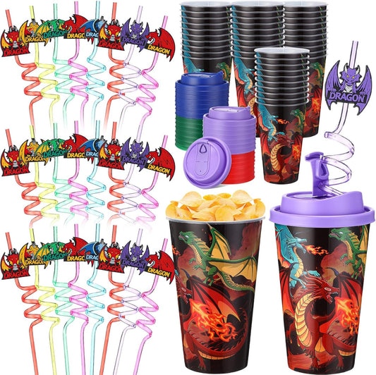 Yungyan 16 Sets Dragon Party Favors Goodie Cups with Lids and Straws for Birthday Decorations Reusable 16oz Plastic Candy Cups Plastic Straws for Birthday Party (Dragon)