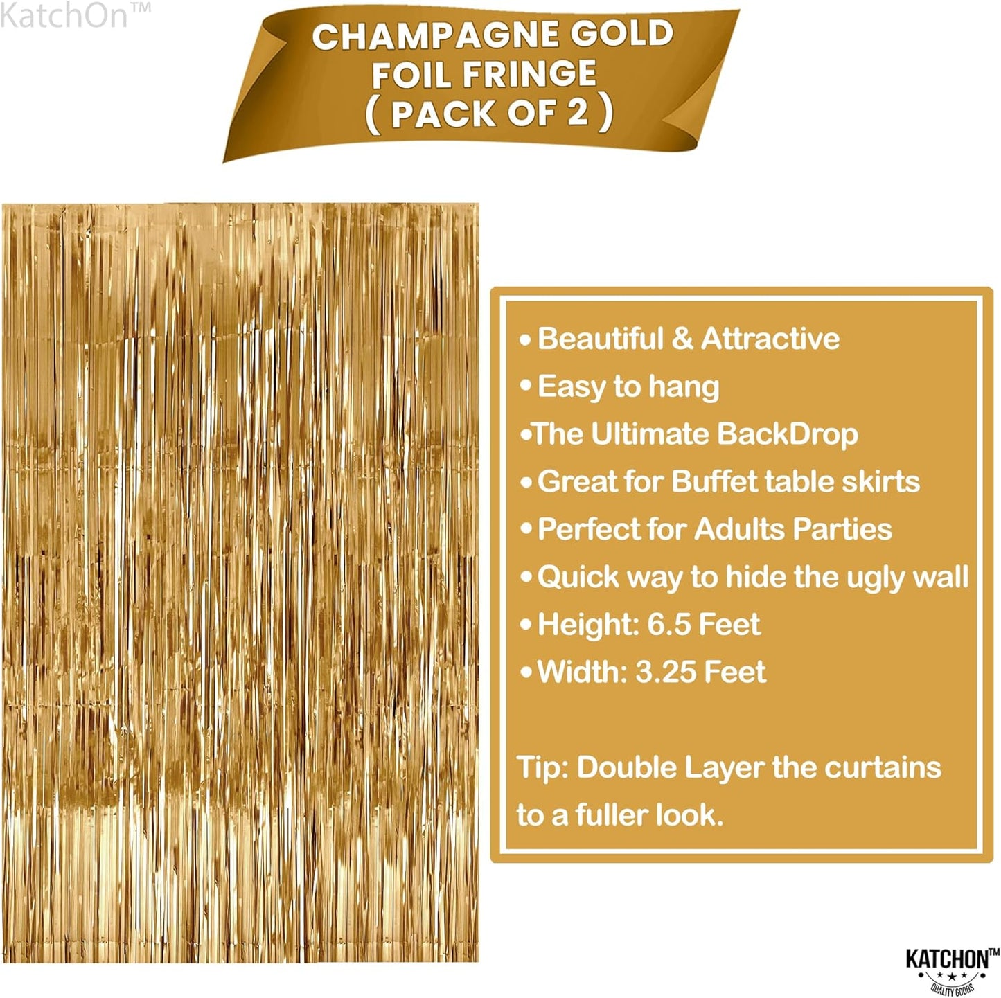 Katchon, Champagne Gold Backdrop Curtain - Pack of 2 | Gold Streamers for Birthday, Anniversary, Bridal Shower, Bachelorette Party Decor | Shimmer Curtains for Thanksgiving, Happy New Year Decorations