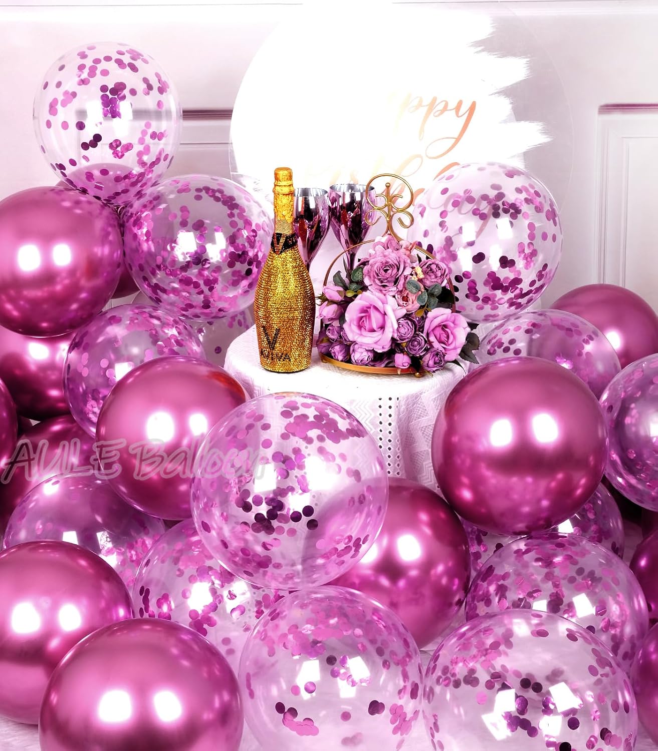 AULE Party Balloons Pack of 42 - Metallic Chrome Hot Pink Balloons and Hot Pink Confetti Latex Helium Balloons With 64ft Ribbons - 12 Inch Balloon Decoration Set