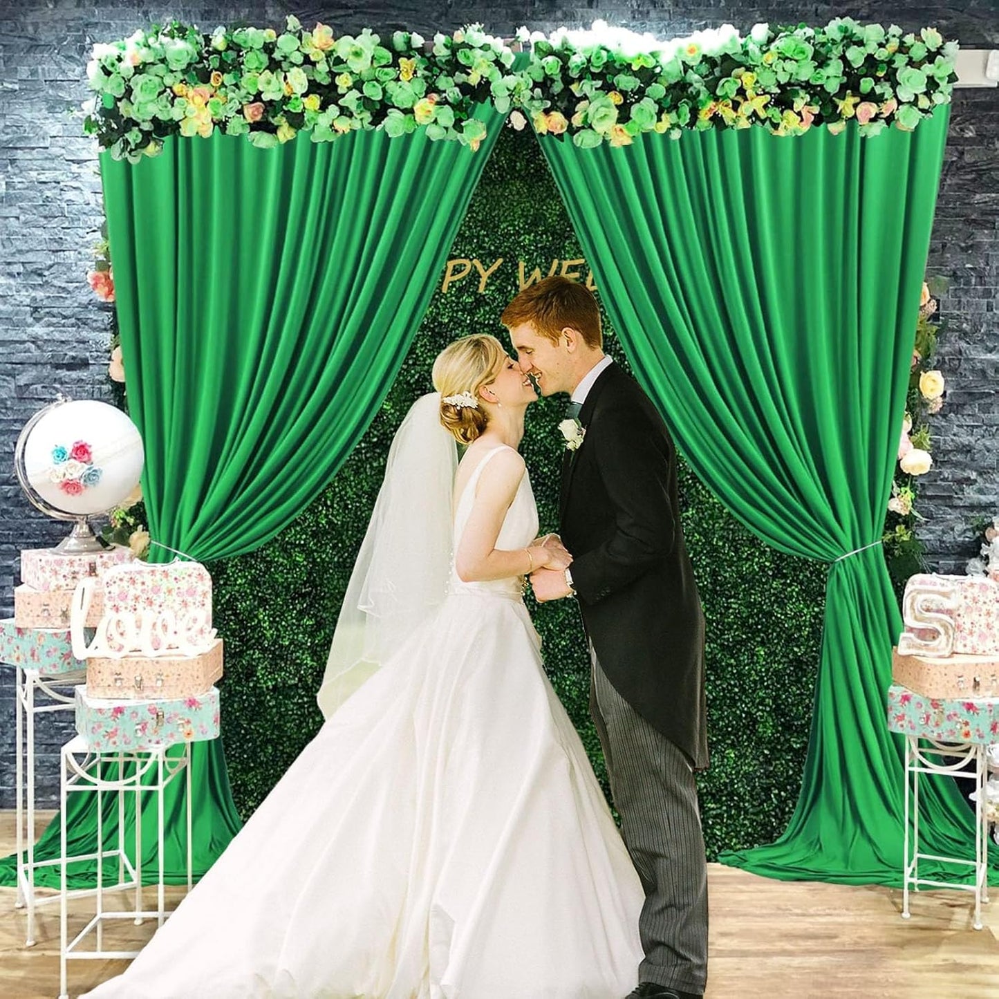 10 x 7 Feet Green Backdrop Curtain for Partie, Background Curtains for Photoshoot, Birthday, Wedding, Halloween, Thanksgiving, Christmas, New Year Party Decorations 5Ft x 7Ft, 2 Panels