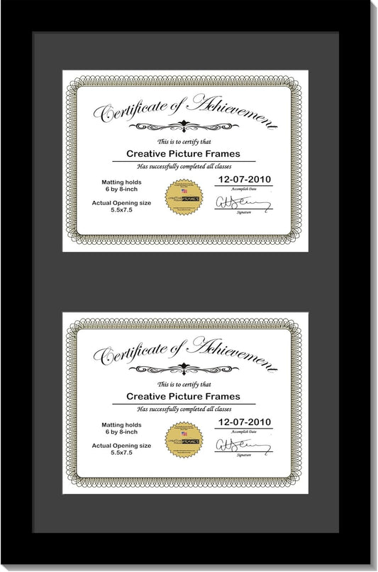 Creative Picture Frames 10X16Bk-B Black Vertical Double Diploma Frame With 2 Opening Black Matting | Holds 2-6X8-Inch Documents With Installed Wall Hanger