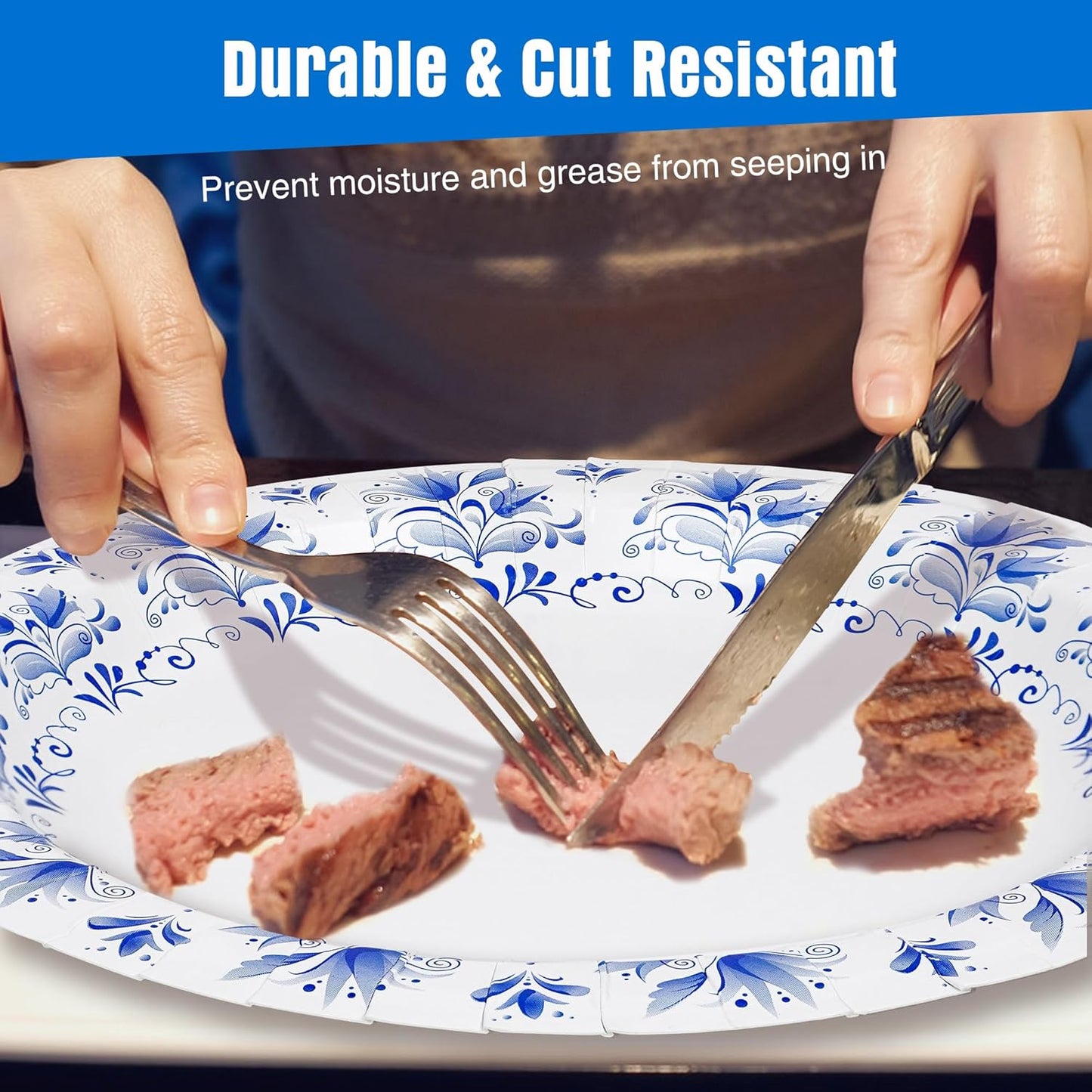 Charmount Large Paper Plates, 100pcs Disposable, Blue Flower Printed, Soak & Cut Proof for Parties & Daily Use