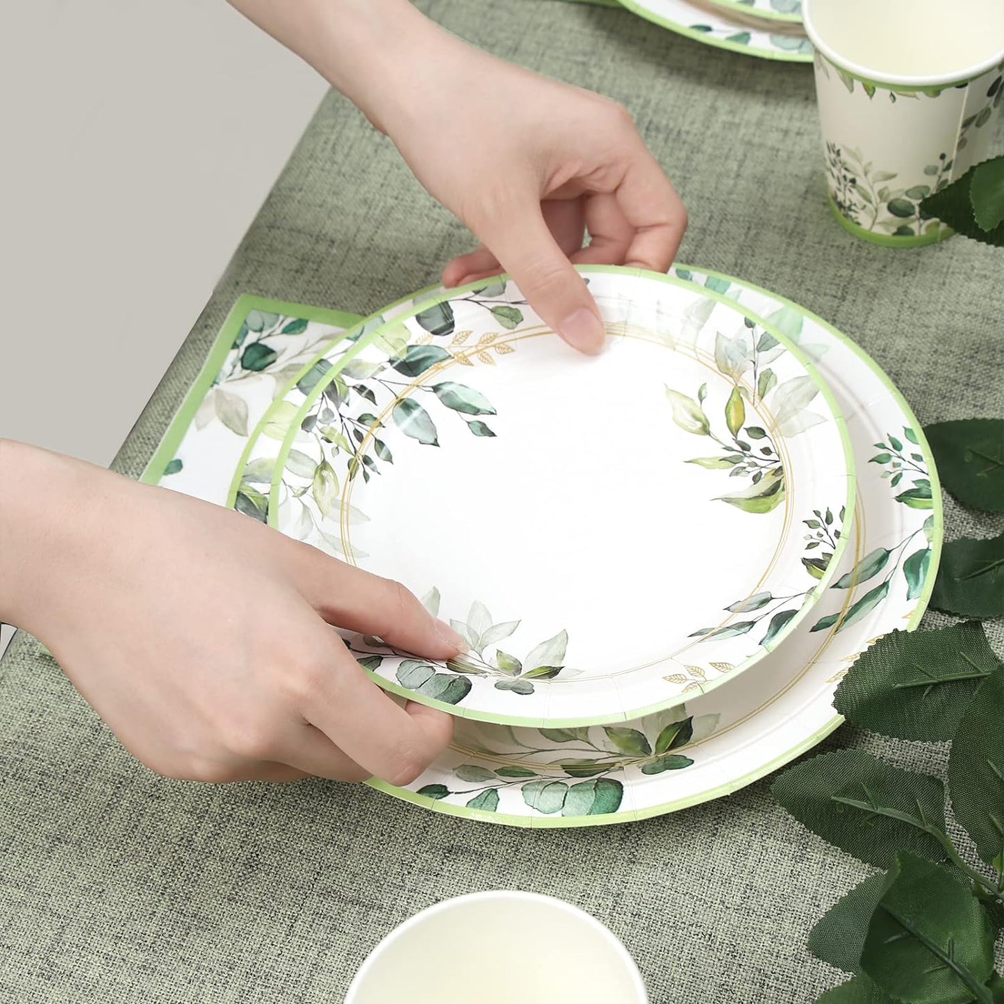 Green Party Plates Supplies, Sage Green Paper Eucalyptus Leaf Plates and Napkins, Disposable Tableware, Cups, Napkins for Jungle Boho Party,Baby Shower, Bridal Shower, Birthday Supplies Serve 24