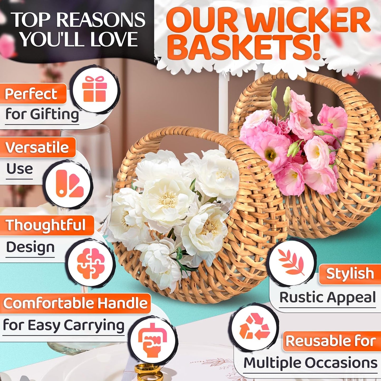 Small Flower Girl Basket Set of 2 – Small Wicker Basket with Handle & Waterproof Lining (6.3" х 5.12" х 3.75") Rustic Style for Wedding Flowers, Sweets & Gifts – Compact, Lightweight & Multifunctional