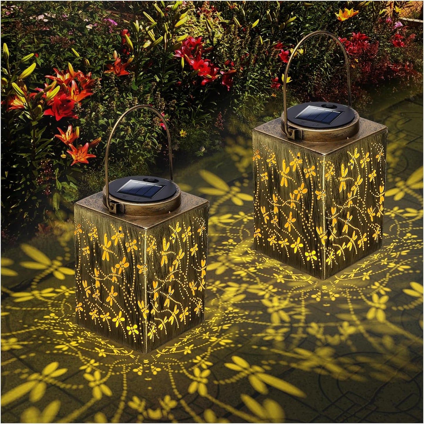 2 Pack Solar Lanterns - Waterproof Metal Hanging Solar Lights Outdoor Decorative, Solar Powered LED Lamp for Patio Tabletop Porch Deck Yard Garden Decor for Outside (Dragonfly)