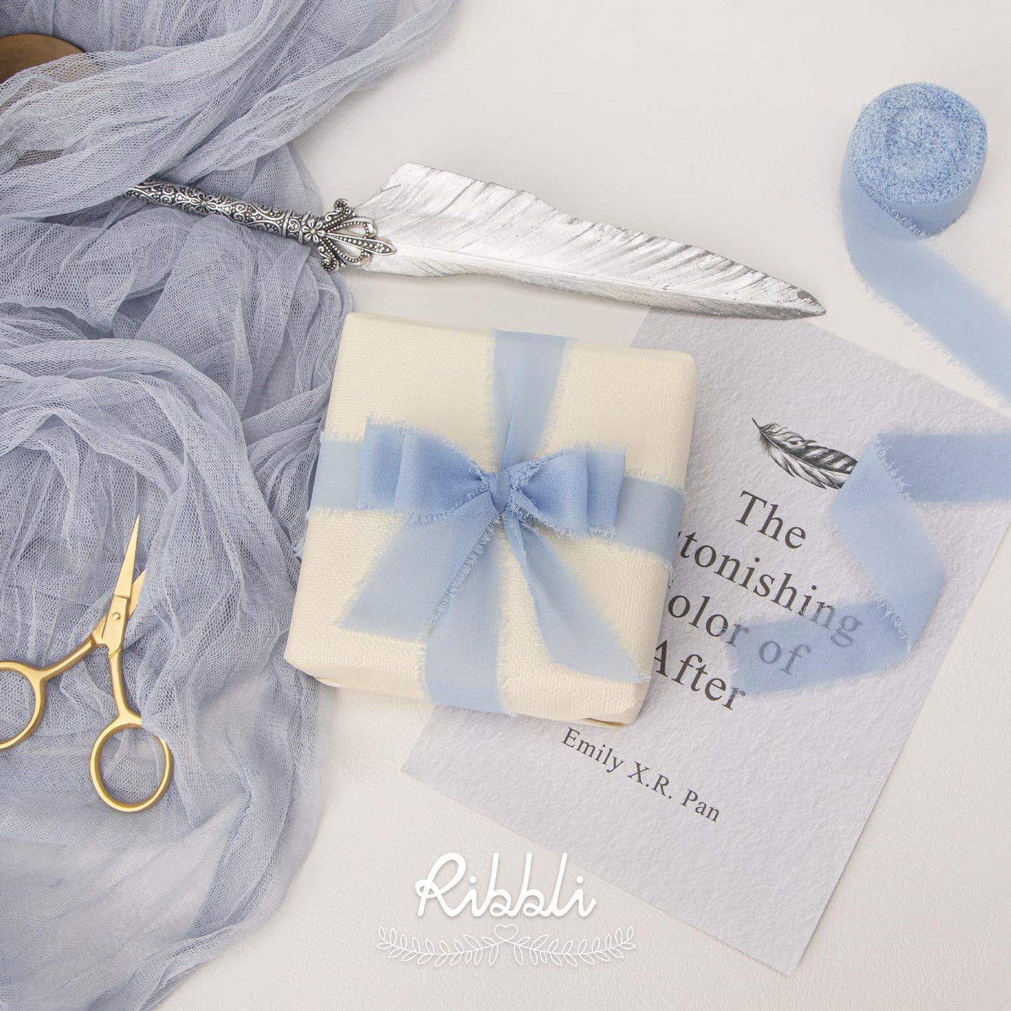 Ribbli Light Dusty Blue Ribbon 1 Inch x 3 Rolls Total 24 Yards Light Blue Handmade Fringe Chiffon Silk Ribbon for Wrapping Wedding Invitations Bridal Bouquets DIY Crafts Home Decor