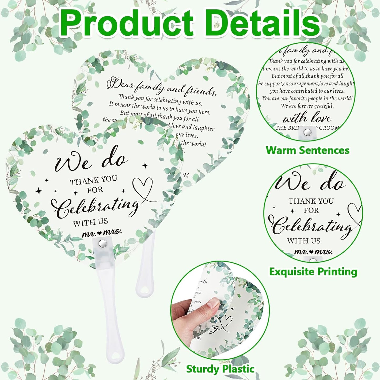 60Pcs Wedding Fan Gifts for Guests Greenery Handheld Fan with 1 Wedding Table Sign, Greenery Wedding Favors Thank You Fans for Guests Hostess Gifts Plastic Handheld Heart Shape Fan Green Leaf Pattern