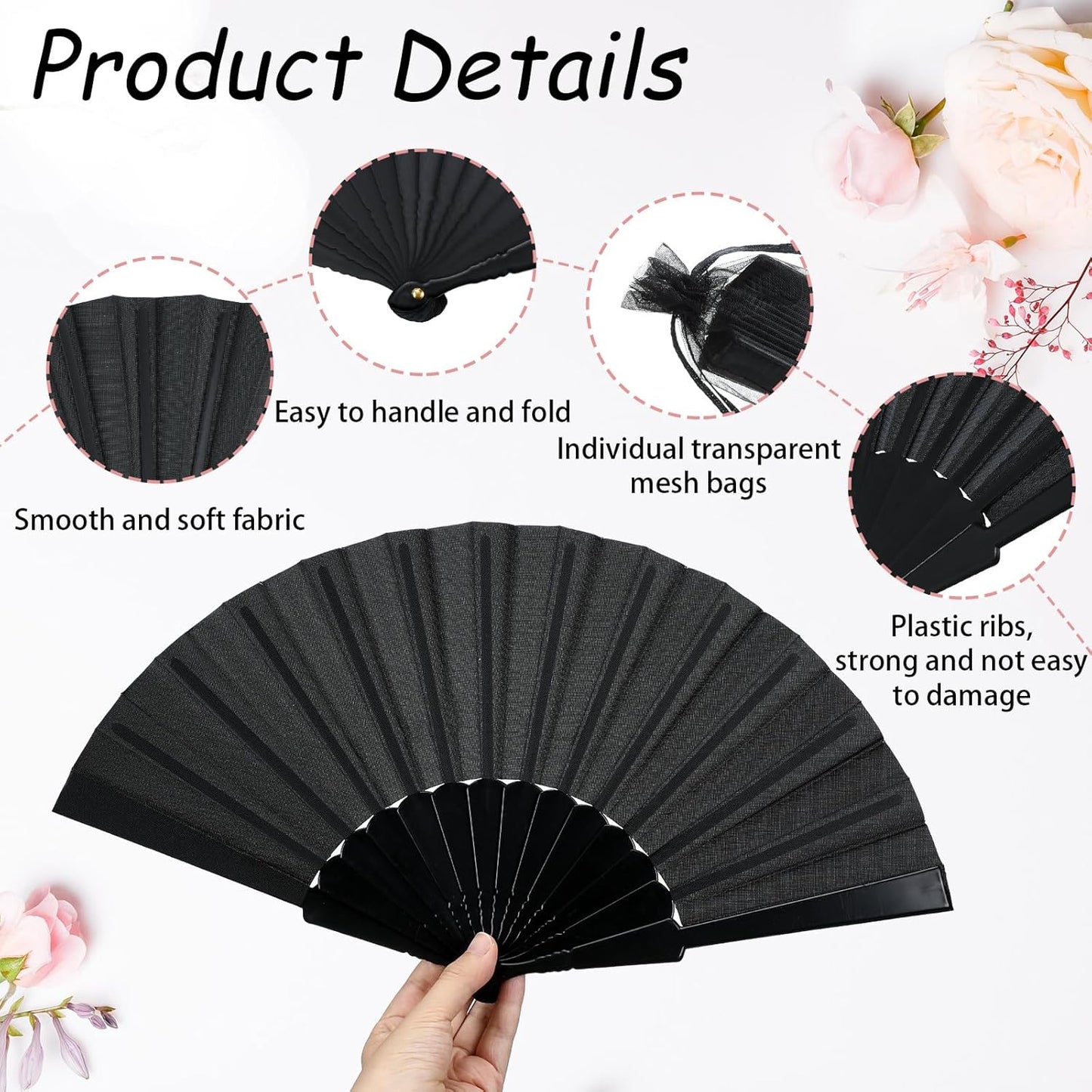 Wenqik 80 Pcs Wedding Folding Hand Fans Bulk Silk Fabric Chinese Handheld Foldable Clack Fans with Plastic Ribs for Party, Wedding Gifts, Line Dancing, Home Decorative (Black,White)