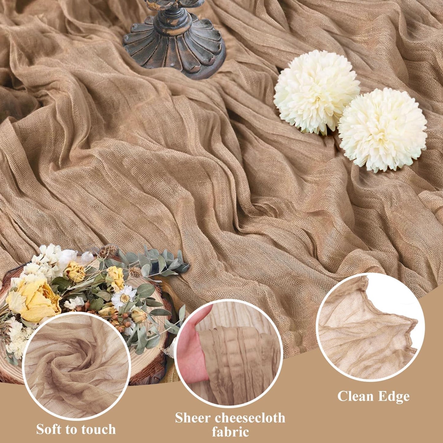 Asee'm 4pcs Cheesecloth Table Runner 120 Inches Long Nude Boho Gauze Cheese Cloth Runner 10FT Rustic Sheer Table Runners for Christmas Wedding Party Baby Shower Spring Easter Decoration