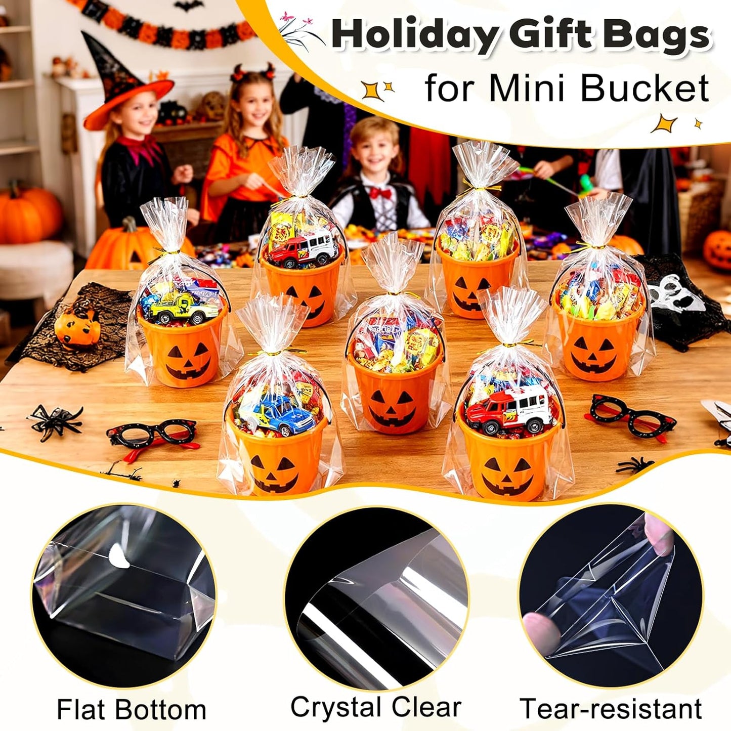 PigPotParty Cellophane Bags 8"x11", 50 Pack Clear Gift Bags, 3.15" Bottom Gusset for Stand-Up Display, Plastic Cellophane Gift Wrap, Ideal for Goodies, Treats, Party Favors, Mugs, Includes 50 Ties