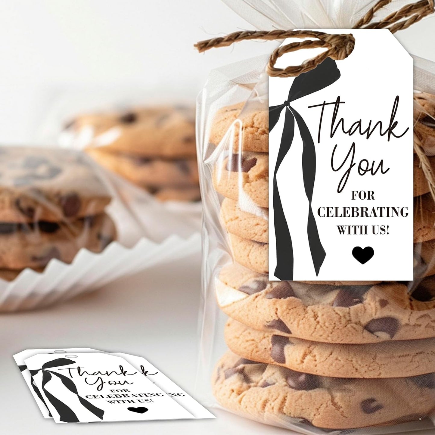 Thank You Gift Tags with String, 2x3.5 Inch Thank You for Celebrating with Us Tag, Black Bow Print, Gift Label for Birthday Party Baby Bridal Shower Wedding Favor-A15
