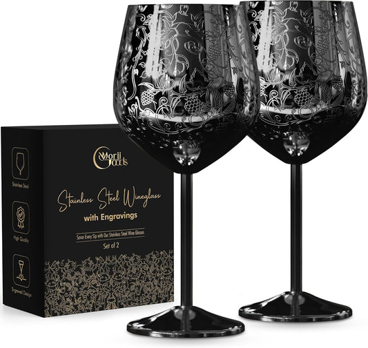 Stainless Steel Wine Glasses - Set of 2 Etched 16 oz Metal Goblets, Unbreakable Rose Gold Cups for Camping, Travel, Outdoor Events, Picnics, Luxury Wine Gifts for Women and Men