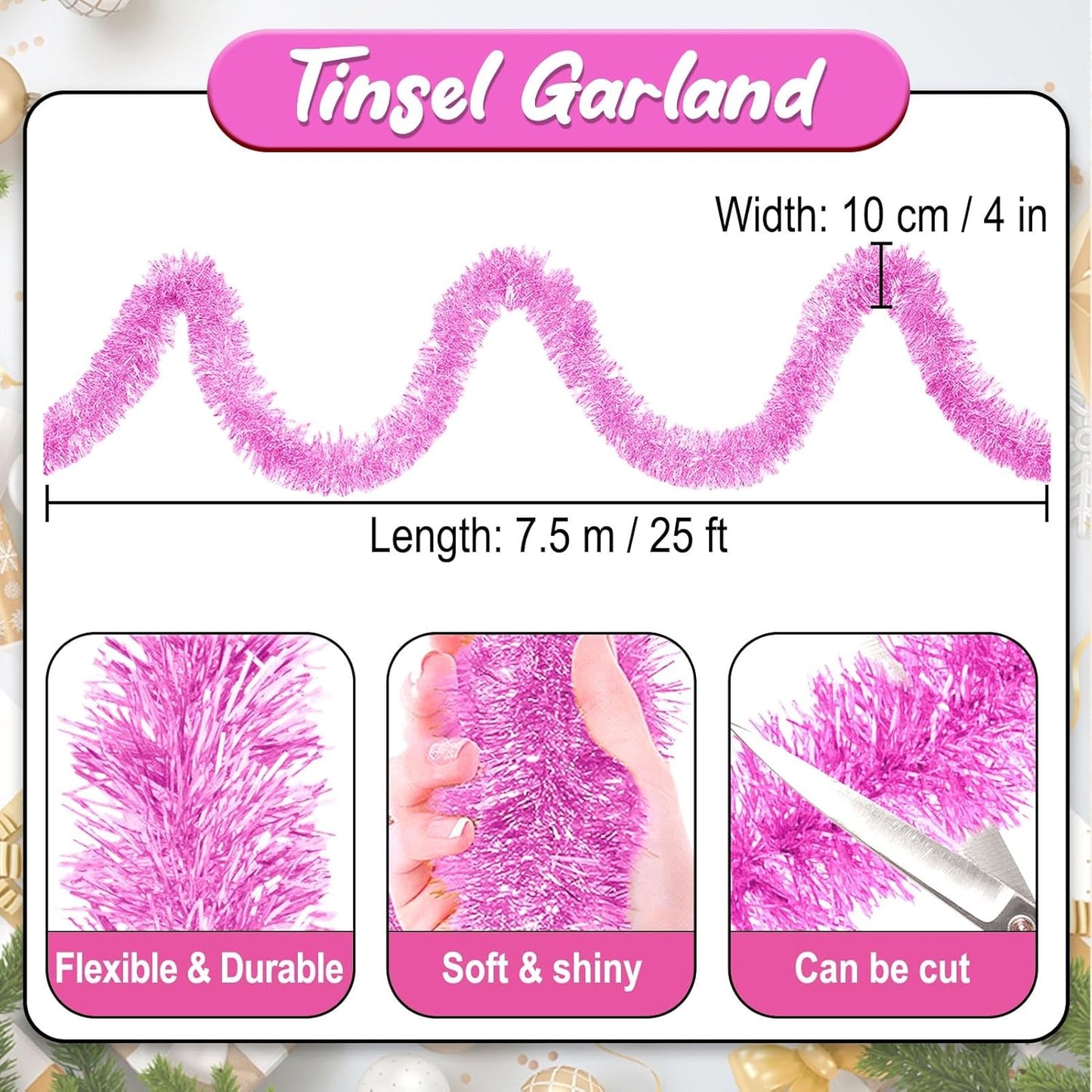 25 Feet Macaron Pink Christmas Tinsel Garland, Metallic Foil Twist Banner Wall Hanging Tinsel Streamers Backdrop for Parade Floats, Christmas, Mother's Day, Birthday Party Decorations(4in x 25ft)