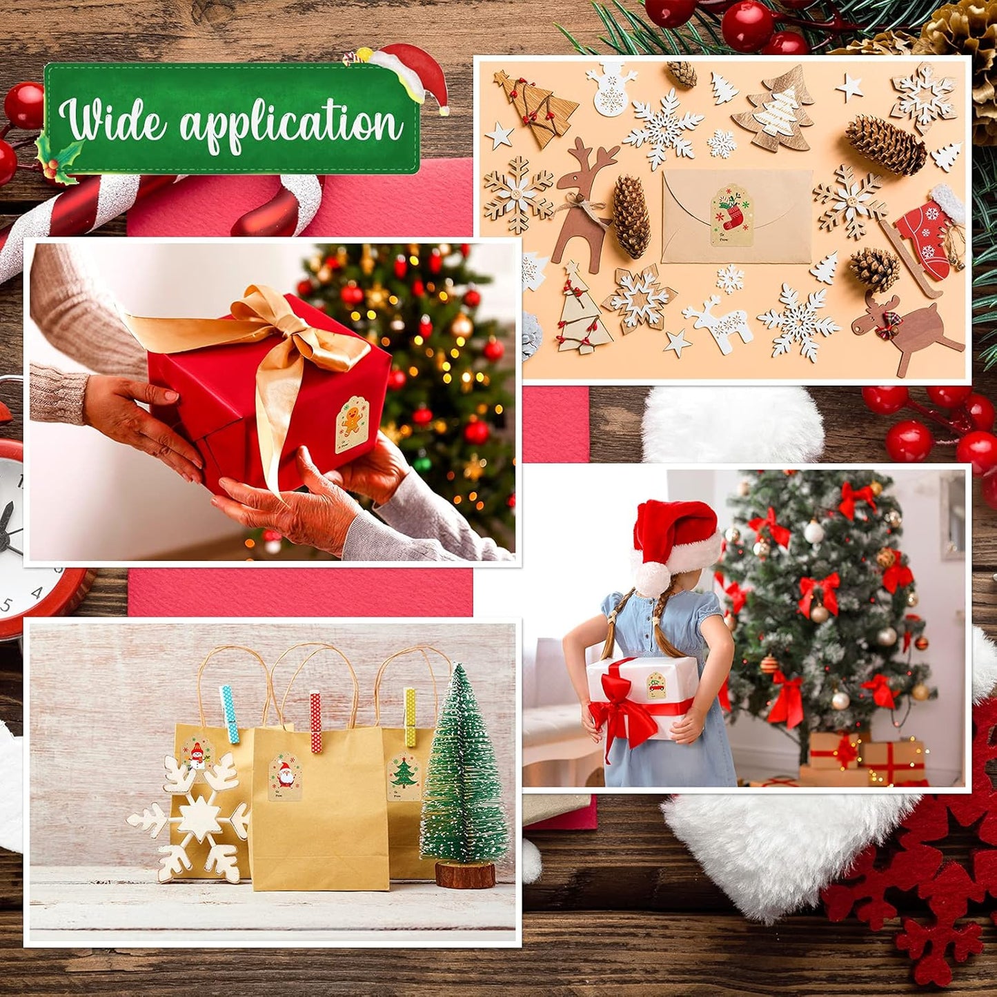 Zonon 720 Pieces Self Adhesive Christmas Gift Tag Xmas Kraft Name Tags Natural Kraft Xmas Stickers Paper Tags Labels for Christmas Decoration(Stylish Style)