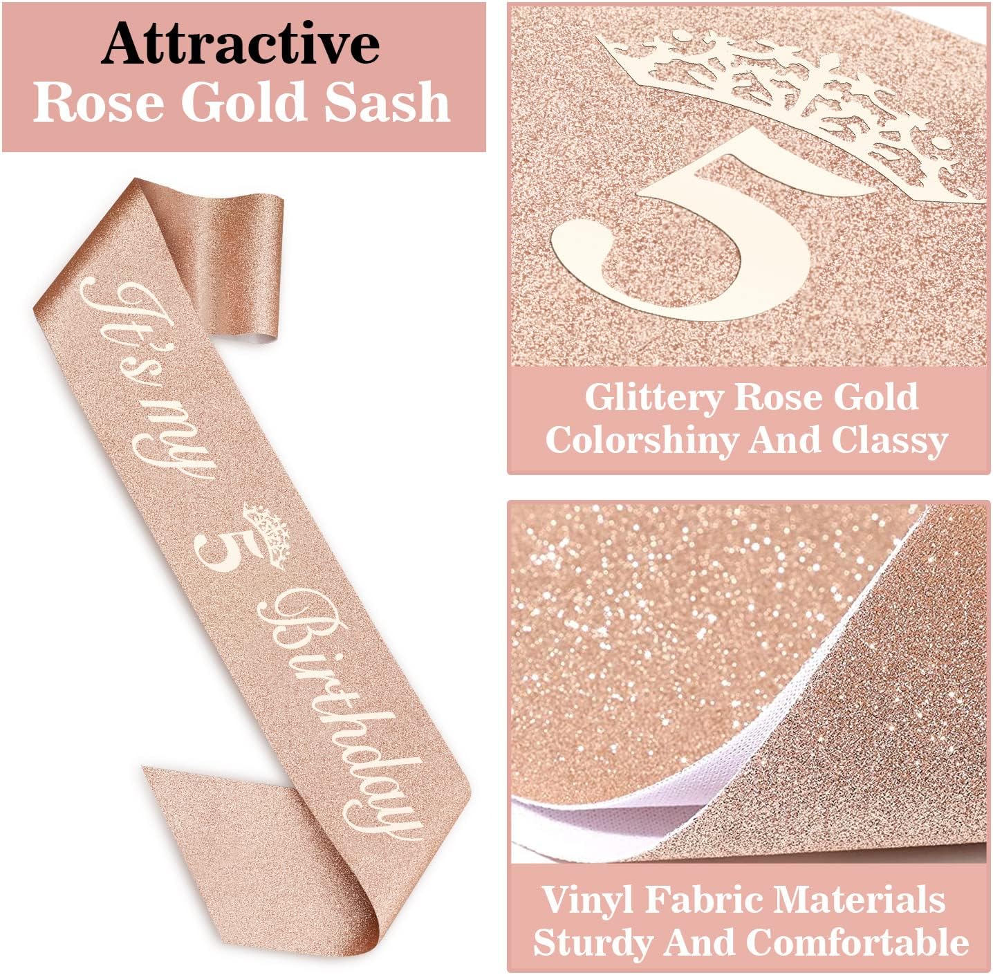 5th Birthday Decorations for Girls, Including Sash, Crown/Tiara, Candles, Cake Topper, 5th Birthday Gifts for Girls