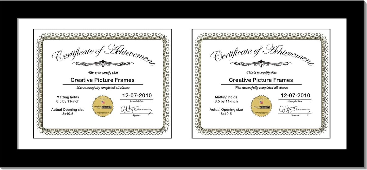 Creative Picture Frames 10X24Bk-W Black Horizontal Double Diploma Frame With 2 Opening White Mat, Holds 2-8.5X11-Inch Documents With Wall Hanger