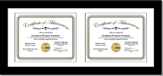 Creative Picture Frames 10X24Bk-W Black Horizontal Double Diploma Frame With 2 Opening White Mat, Holds 2-8.5X11-Inch Documents With Wall Hanger
