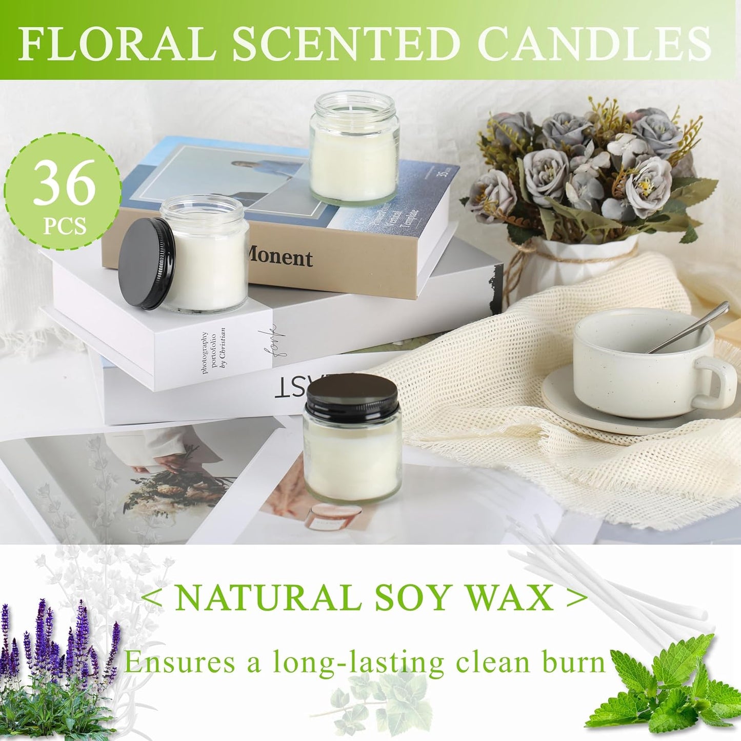 ACITHGL 36 Pcs 4oz Mini Mason Jar Candles Small Scented Candles Bulk Aromatherapy Ideal Souvenir Favors for Wedding Birthday Party (Sage, Mint, Citronella, Black)