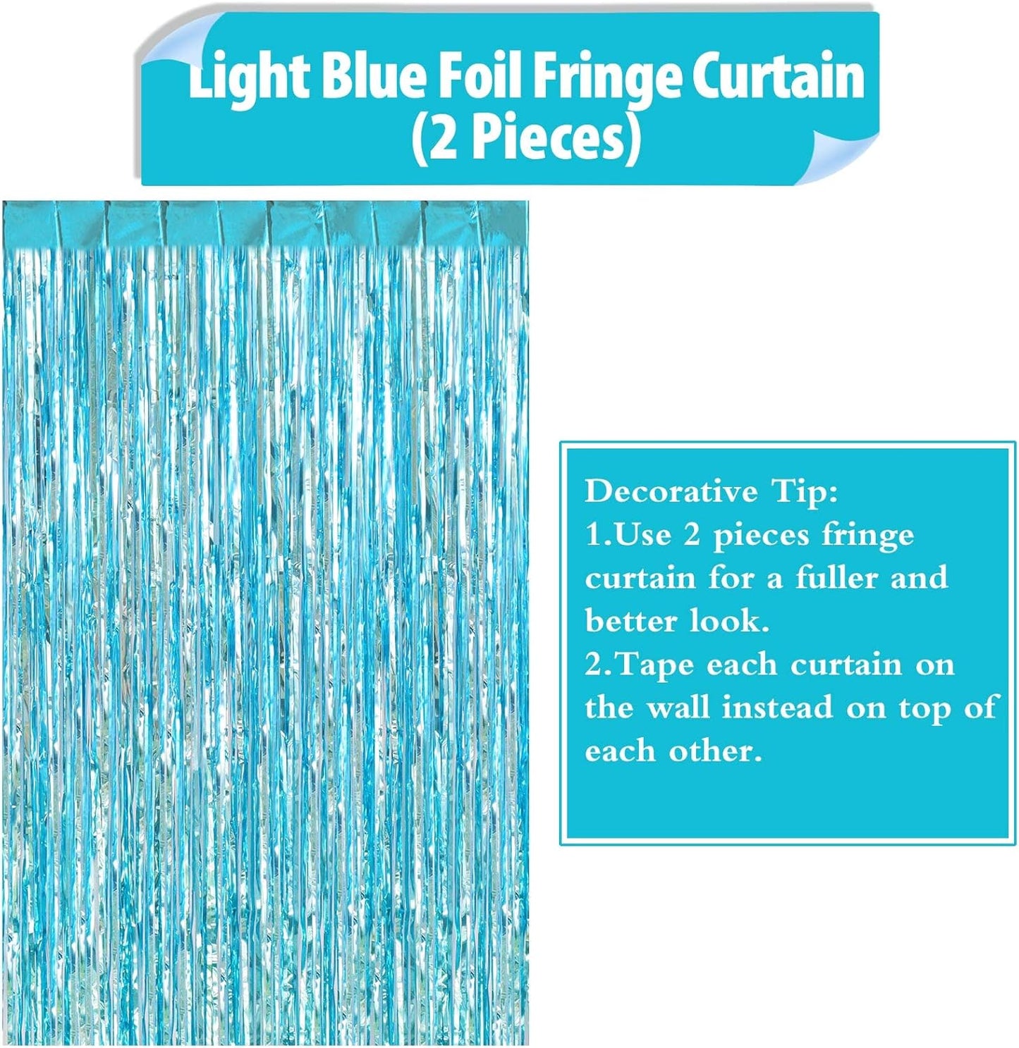 2 Pack Light Blue Fringe Curtains Foil Shiny Fringe Backdrop Tinsel Door Streamers Foil Curtains for Birthday Wedding Engagement Bridal Shower Celebration Party Decorations Large