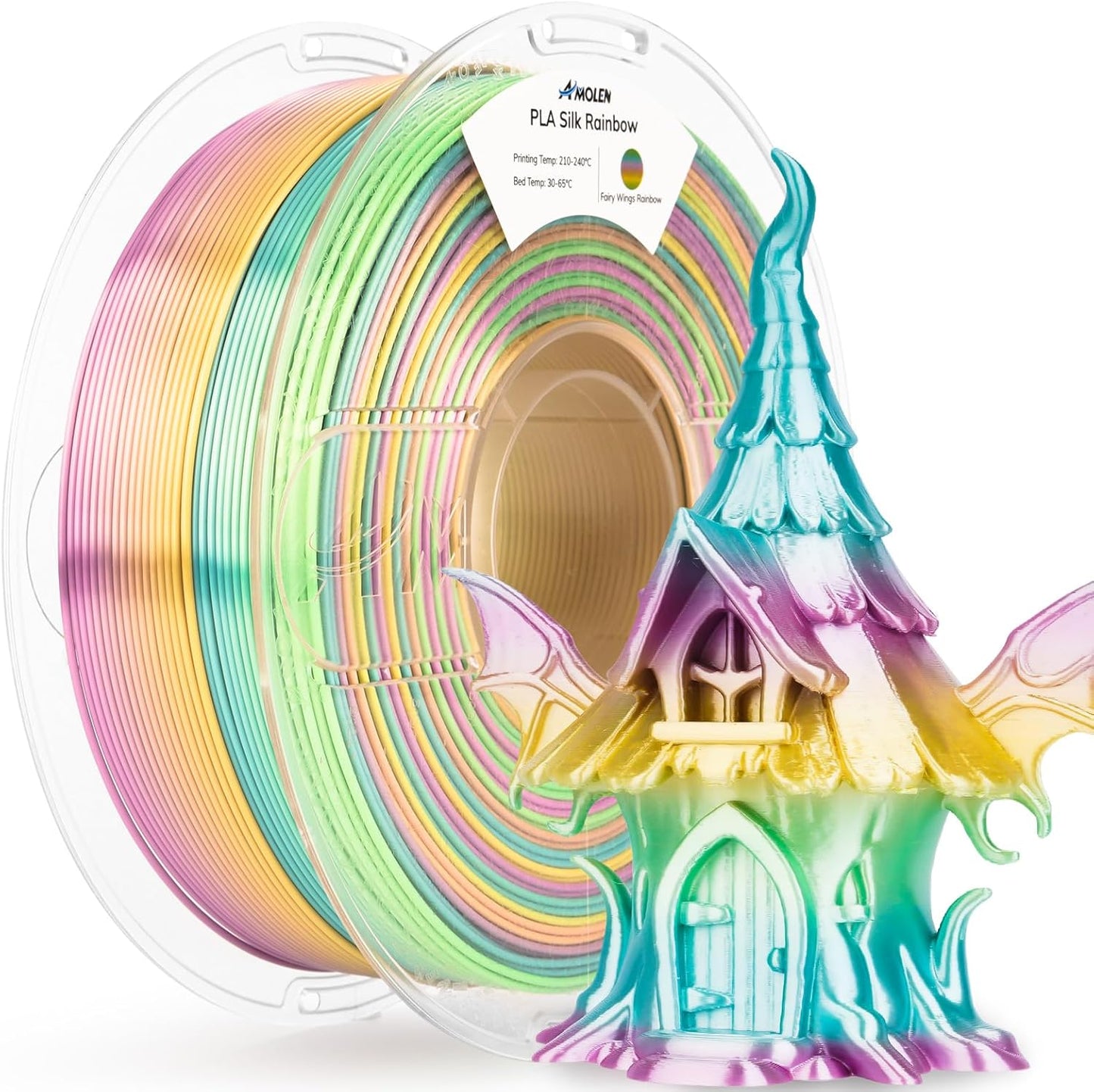 AMOLEN Silk PLA 3D Printer Filament, Shiny Multicolor Rainbow PLA Filament 1.75mm, Gradient Color Change PLA 3D Printing Filament for Most FDM 3D Printer, Yellow Green Blue Pink, 1kg (2.2lbs)