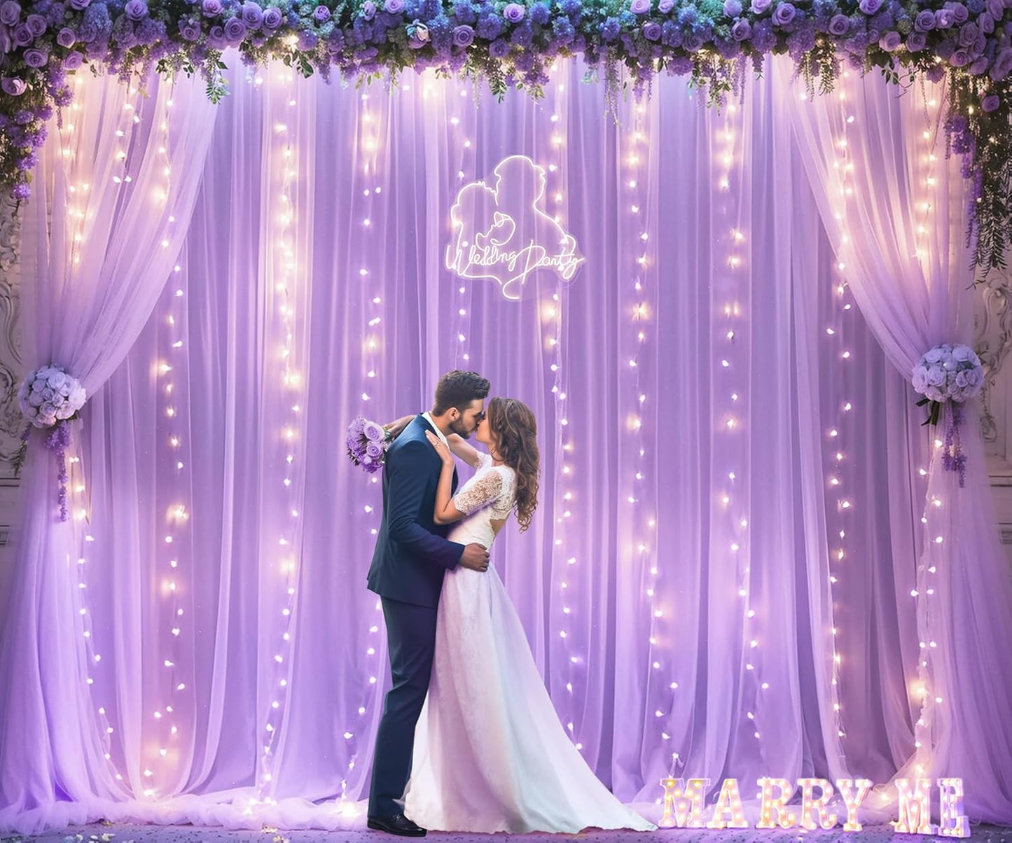 Lavender Tulle Backdrop Curtain with Led Lights for Wedding Baby Shower Girls 10ft X 8ft Lilac Lavender Sheer Backdrop Curtain for Birthday Party Bridal Shower Photoshoot Background Decorations