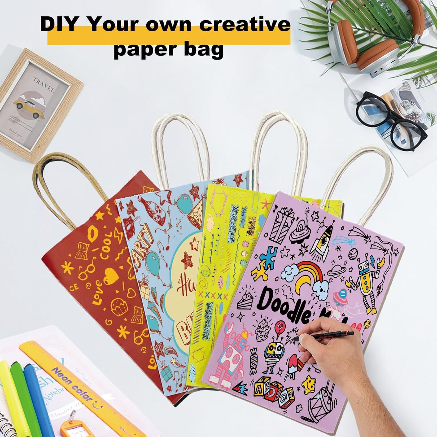 BAG BOX 100 Pack Medium 8.25x4.3x10.6 Inch Blue Kraft Paper Gift Bags with Handles for Bulk Shopping, Retail, Craft, Party Favors, Wedding, Grocery & Sacks