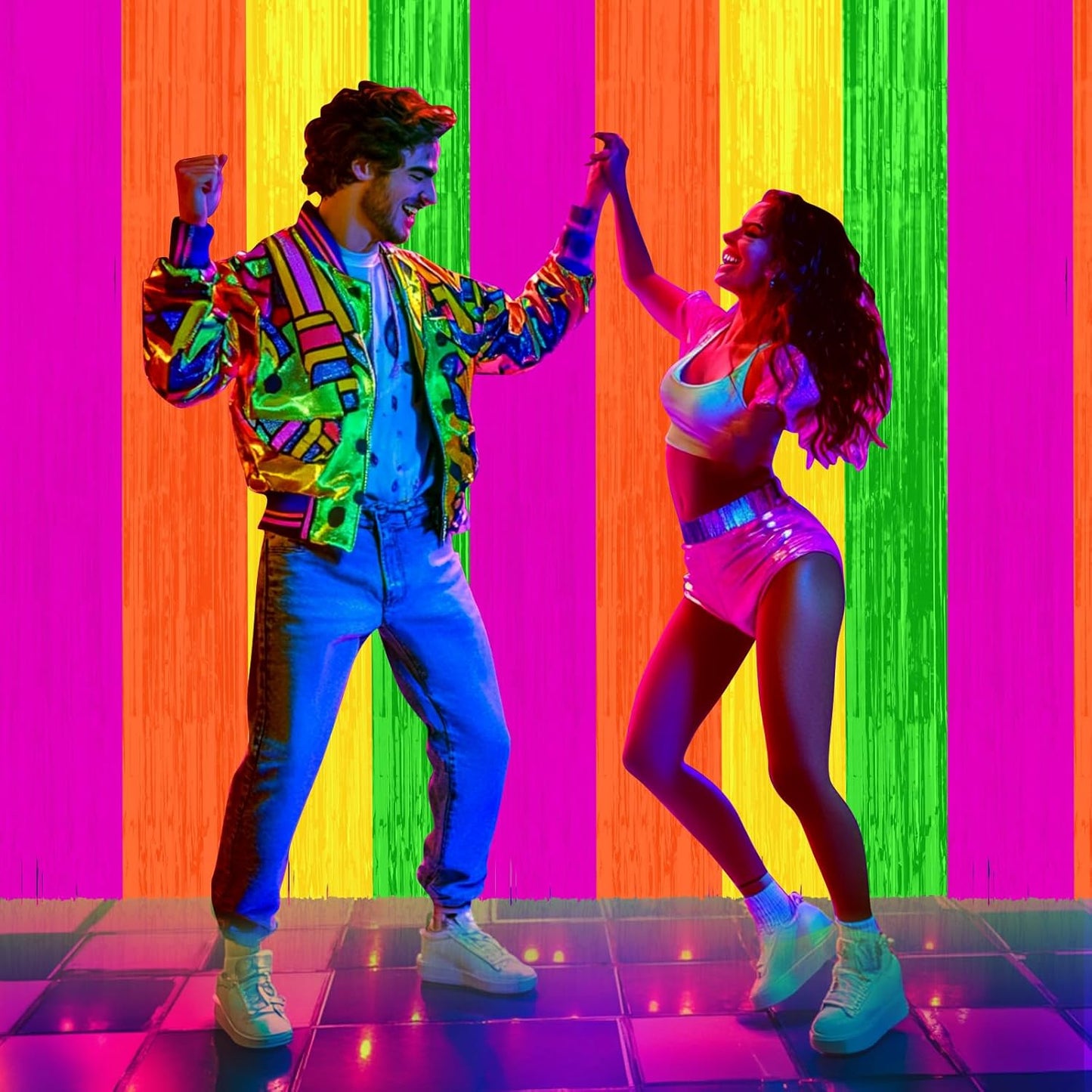 4Pack 3.3Ft x 6.6Ft Multi-Color Glow in the Dark Foil Fringe Curtain Backdrop Party Supplies, Fluorescent Macaron Metallic Tinsel Foil Streamers Curtain Photo Booth for Neon Birthday Party Decorations