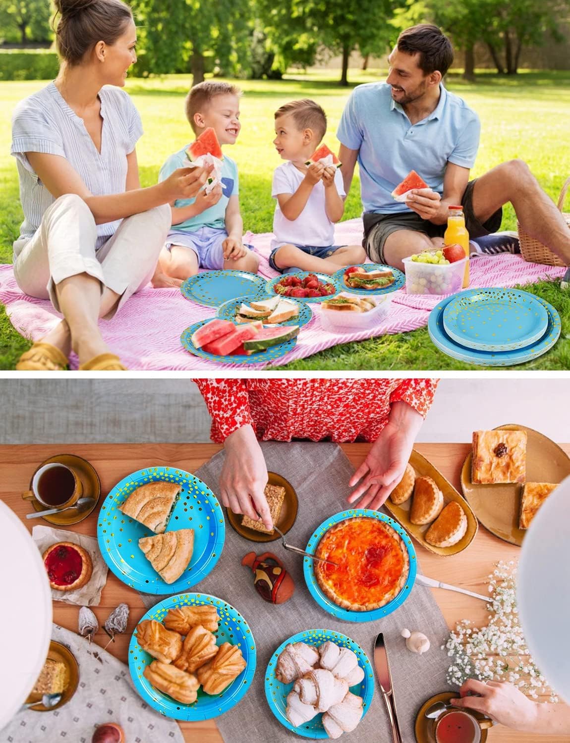 141 Pieces Sky Blue Gold Party Supplies, Party Dinnerware Sets Include Paper Plates Napkins Cups Silverware, for Wedding Bridal Shower Engagement Birthday Parties Decoration -20 Serves