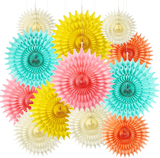 12PCS Paper Fans Colorful Rainbow Pastel Party Decorations Tissue Paper Flowers Decorations for Girl Groovy Birthday Baby Shower Wedding Bachelorette Room Wall Hanging Décor