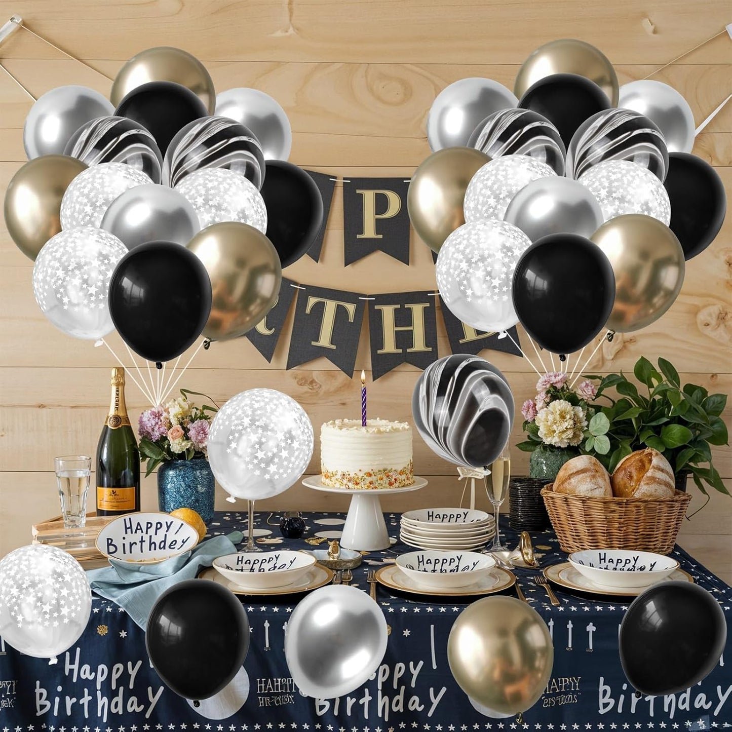 Black Gold Silver Balloon Set, 12 Inch Marble Black and Metallic Chrome Gold Silver with Clear Star Print Grad Latex Balloons for Boy Girls Birthday Party Graduation Retirement Baby Shower Decorations
