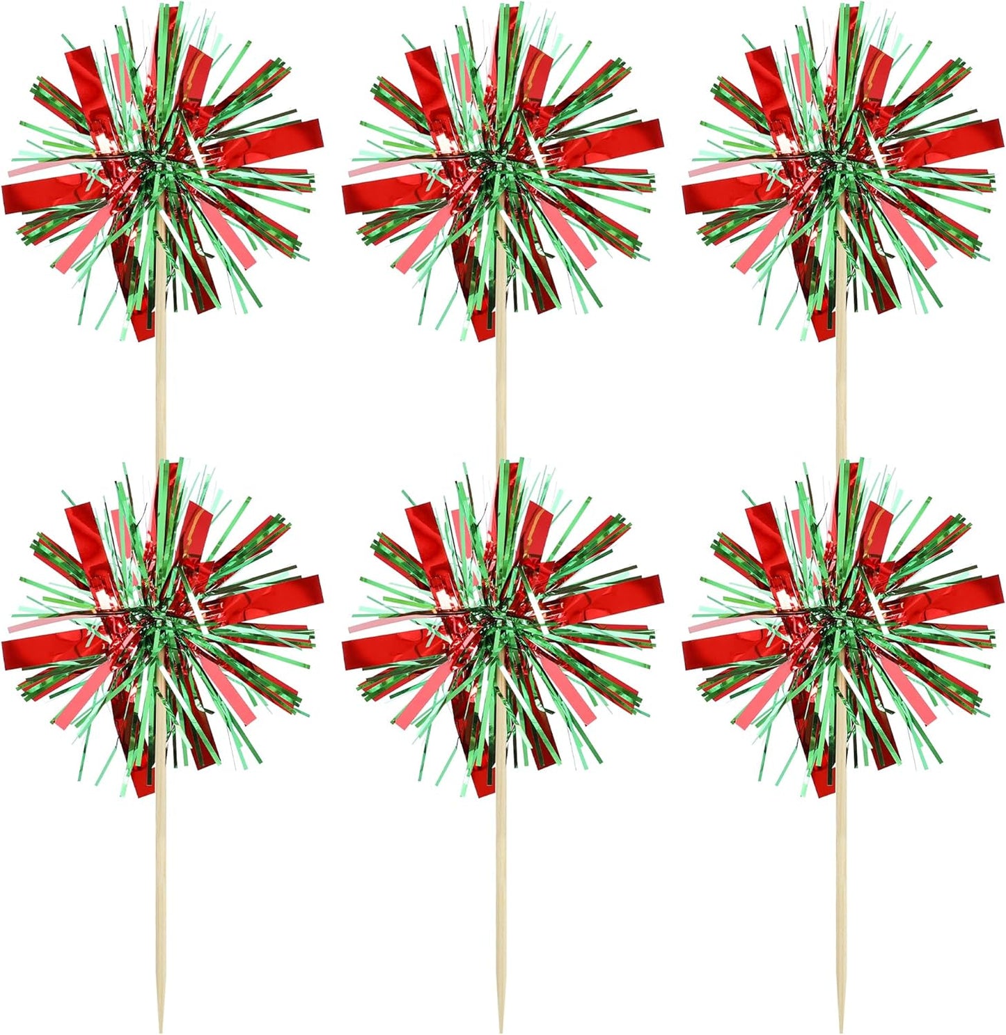 Gyufise 20Pcs Foil Firework Cupcake Toppers Happy Birthday Cake Toppers Tinsel Flower Drink Stirrers Cocktail Food Fruit Toothpicks for Valentine's Day Party Birthday Wedding Supplies Green Red