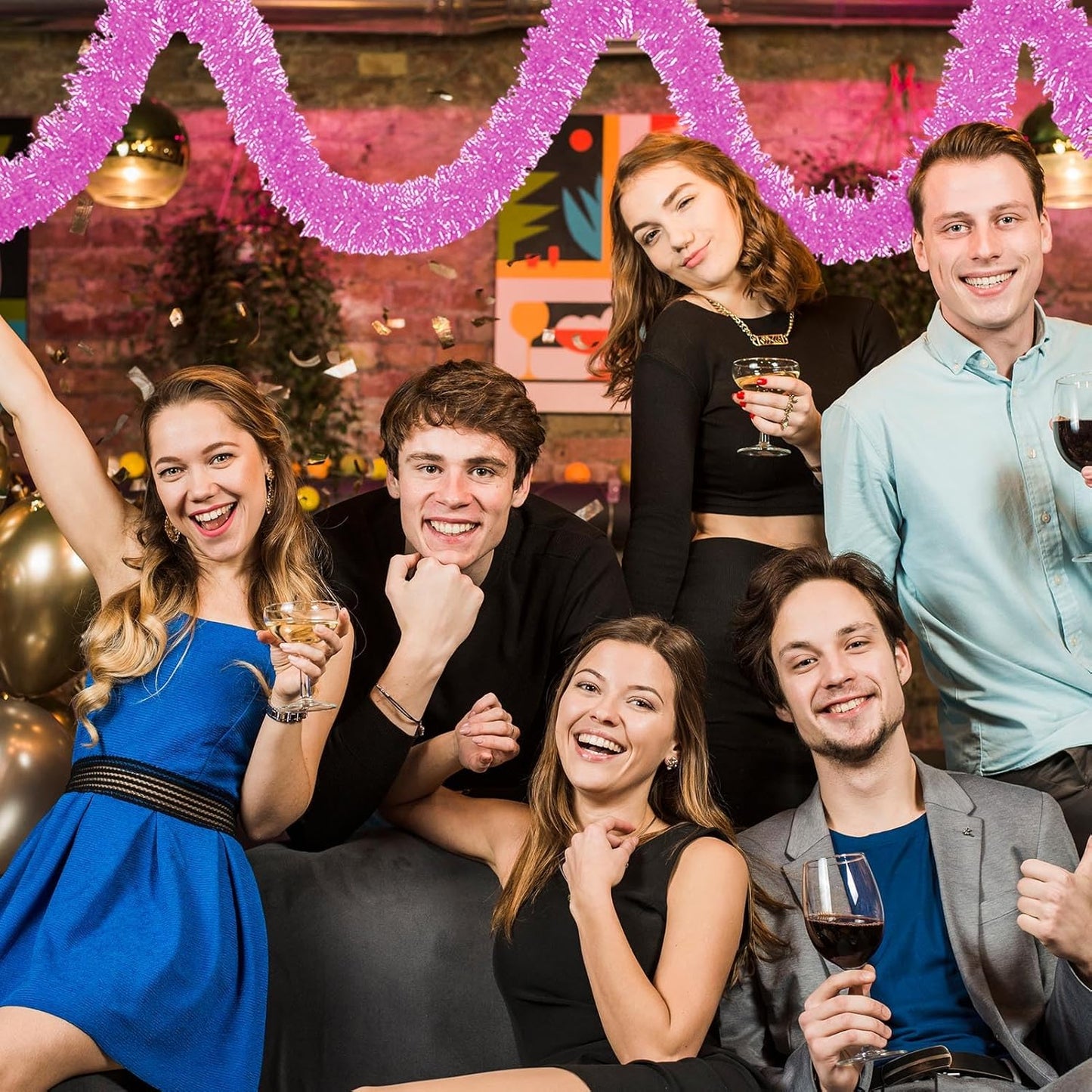 25 Feet Macaron Pink Christmas Tinsel Garland, Metallic Foil Twist Banner Wall Hanging Tinsel Streamers Backdrop for Parade Floats, Christmas, Mother's Day, Birthday Party Decorations(4in x 25ft)