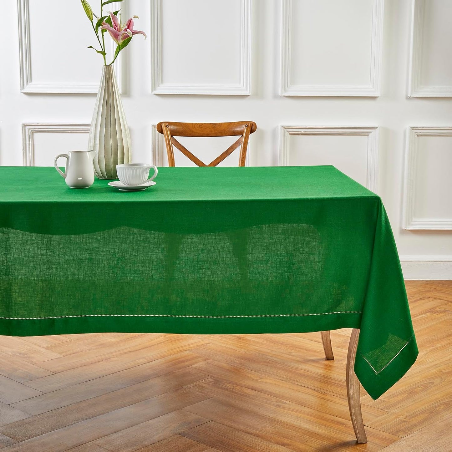 Solino Home Garden Green Linen Tablecloth 60 x 90 Inch - 100% Pure Linen Hemstitch Table Cloth for Rectangle Tables - Classic Hemstitch, Machine Washable Tablecloth for Christmas