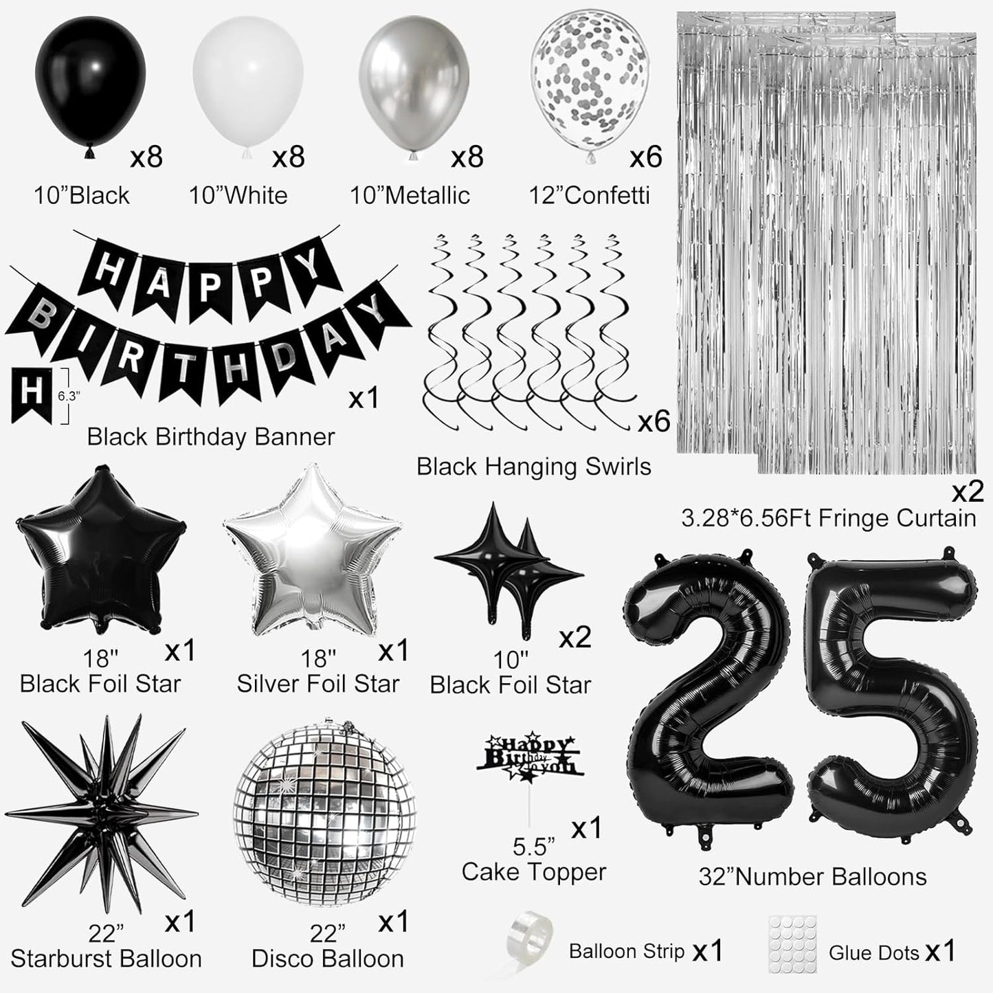 25th Birthday Decorations for Men Women, Black Silver Happy Birthday Party Decorations， 25 Year Old Party Supplies with Number 25 Balloons, Banner, Fringe Curtains Kit