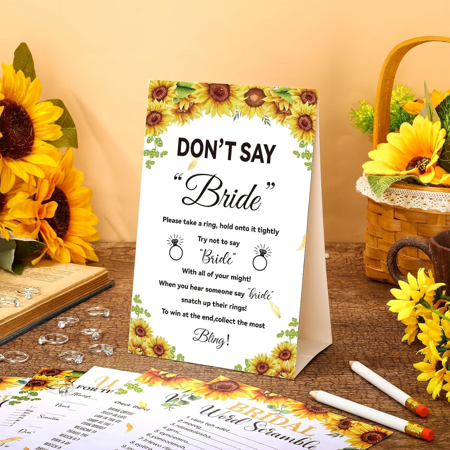 Estune 331 Pcs Bridal Shower Games Supplies, 5 Sets 250 Pcs Wedding Cards 1 Put a Ring on It Bridal Shower Games with 60 Rings and 20 Pencils(Sunflower Style)