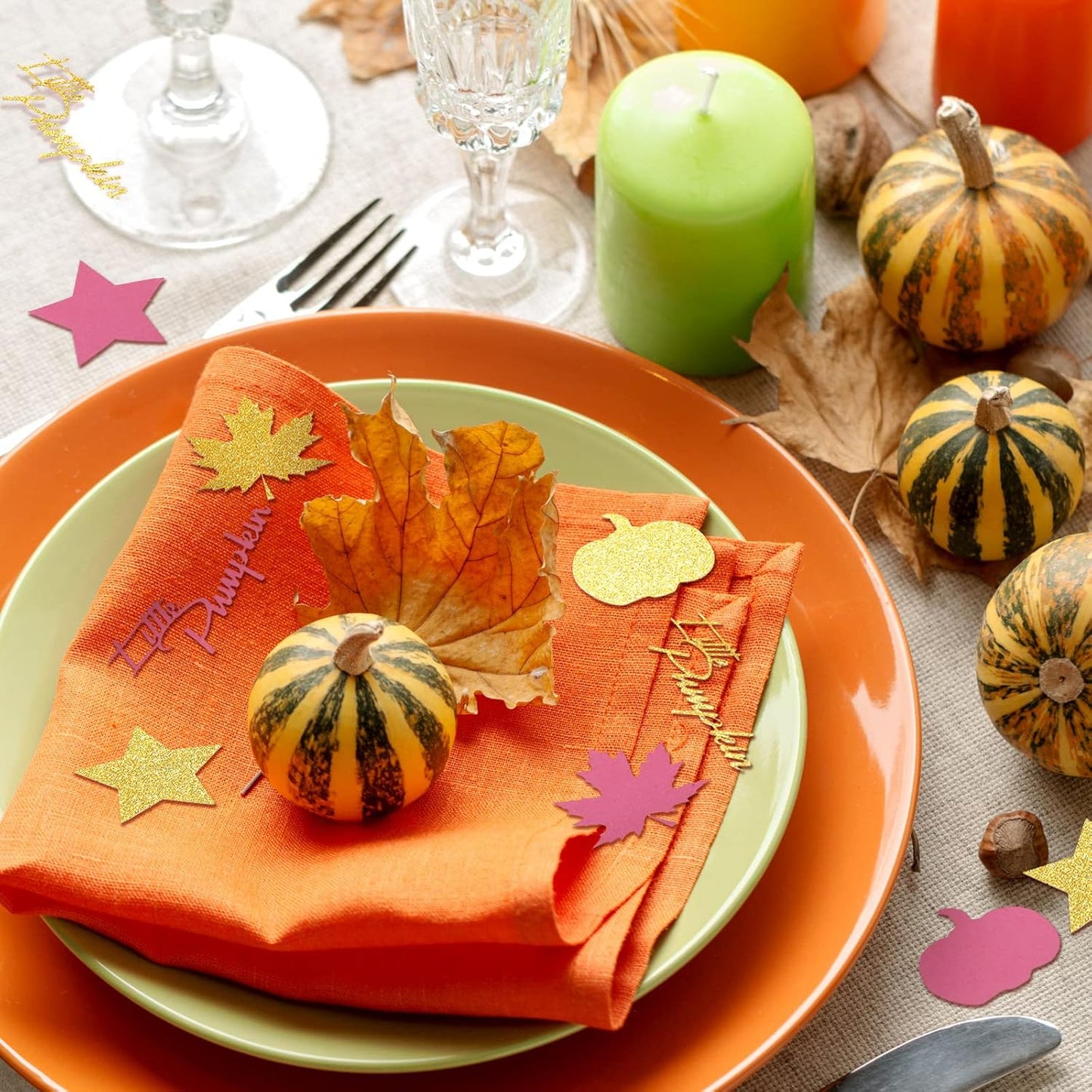 400 Pcs Fall Little Pumpkin Baby Shower Decorations Fall Thanksgiving Glitter Confetti Pink and Gold Pumpkin Confetti Autumn Thanksgiving Maple Leaf Decor for Birthday Party Supplies (Fresh Style)