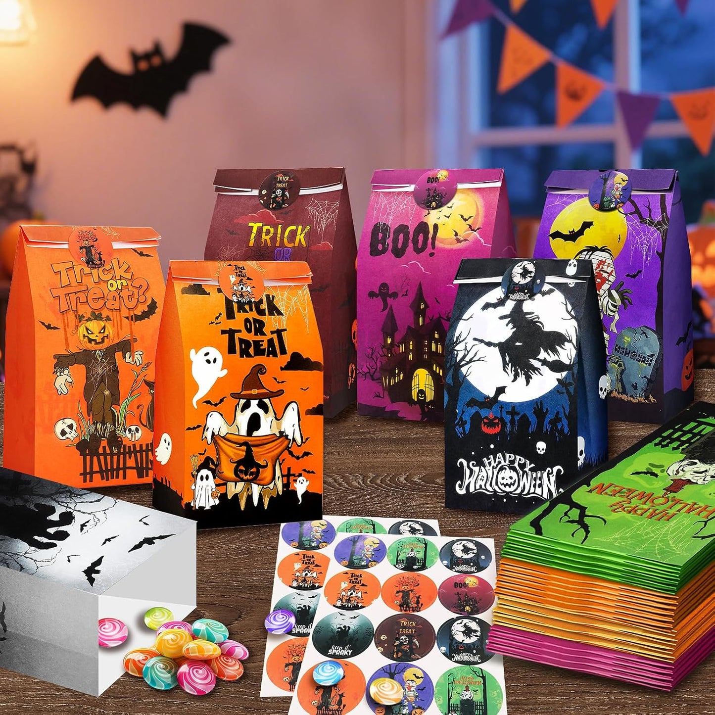 Halloween Treat Bags - 32Pcs Halloweens Trick or Treat Goody & Goodie Bag for Candy with Stickers, Halloween Party Favors Paper Trick or Treating Gifts Bags Halloween Candy Bags Party Supplies
