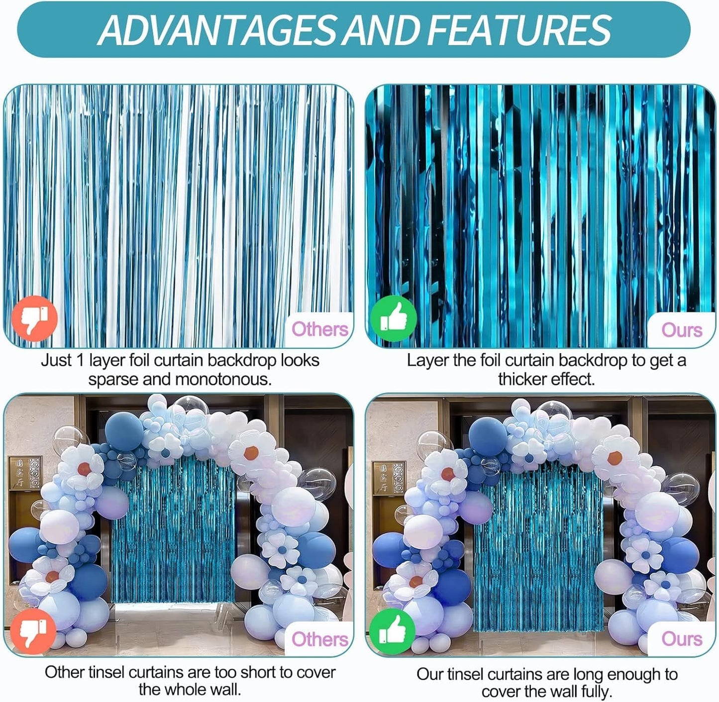 Crosize 8 Pack 3.3 x 9.9 ft Blue Foil Fringe Curtains Party Decorations, Blue Tinsel Curtain Backdrop for Parties, Door Streamers, Glitter Streamer Backdrop for Birthday Decoration