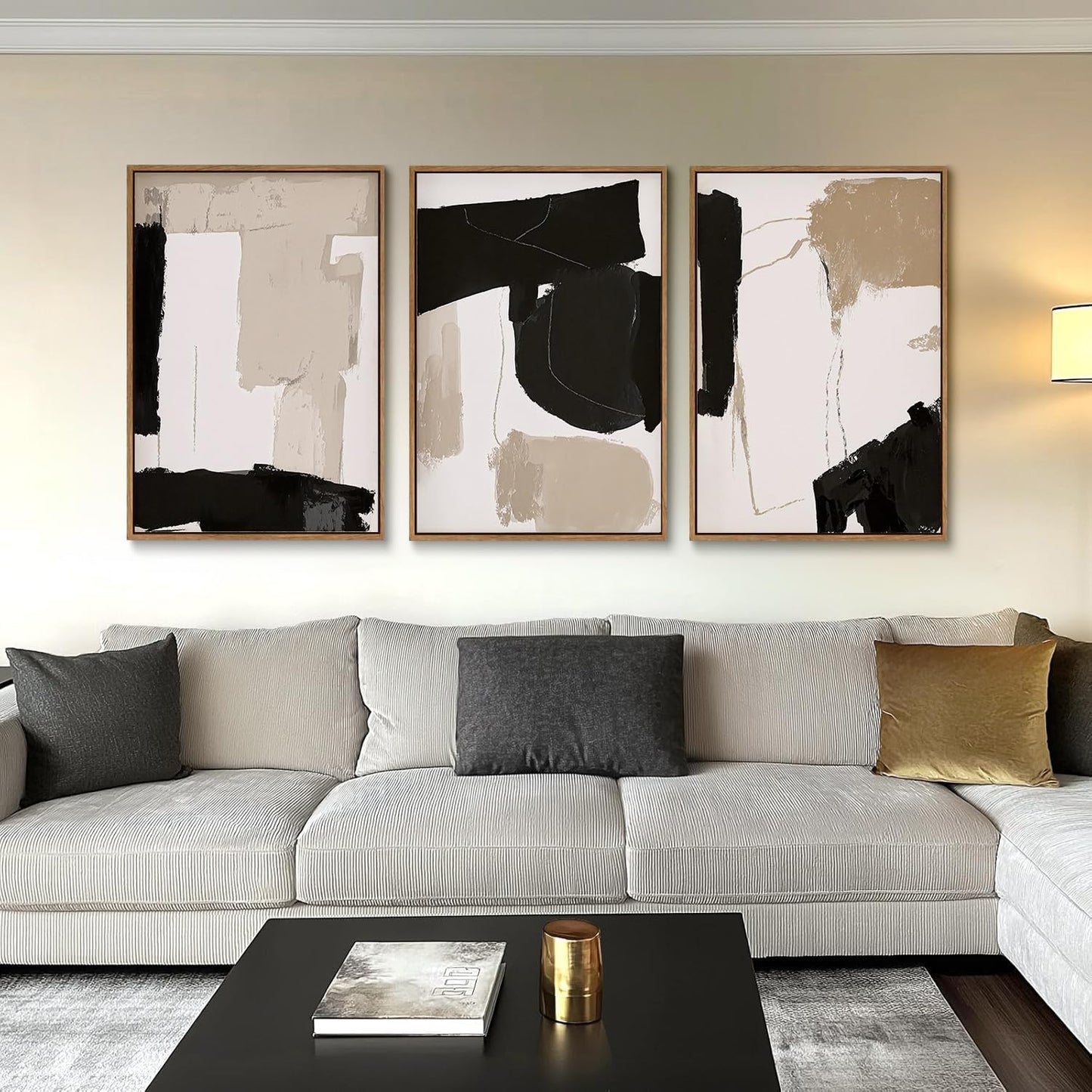myusuar 3 Piece Large Modern Abstract Canvas Framed Wall Art For Living Room, Black And Beige Blocks Minimalist Wall Art Decor Posters Prints For Bedroom Office, 16x24in