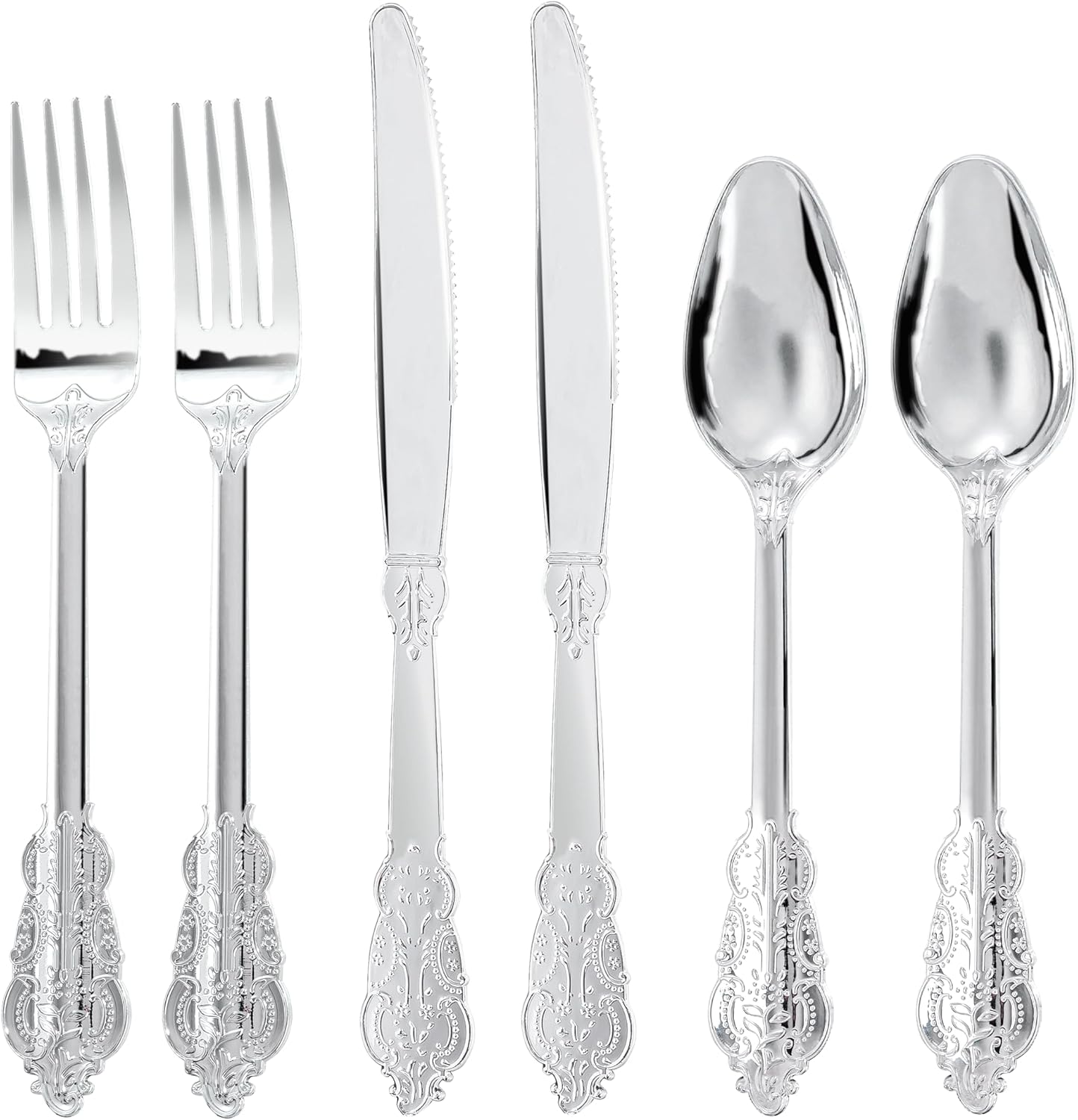 300Pieces Silver Plastic Silverware - Heavy Duty Silver Disposable Utensils - Fancy Plastic Cutlery Set Includes 100 Forks, 100 Spoons, 100 Knives for Dinner Parties Weddings