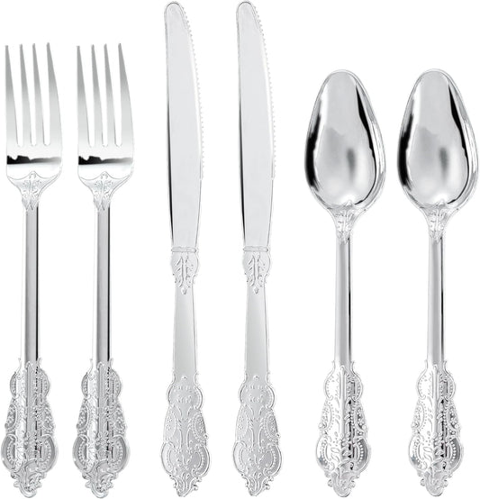 300Pieces Silver Plastic Silverware - Heavy Duty Silver Disposable Utensils - Fancy Plastic Cutlery Set Includes 100 Forks, 100 Spoons, 100 Knives for Dinner Parties Weddings