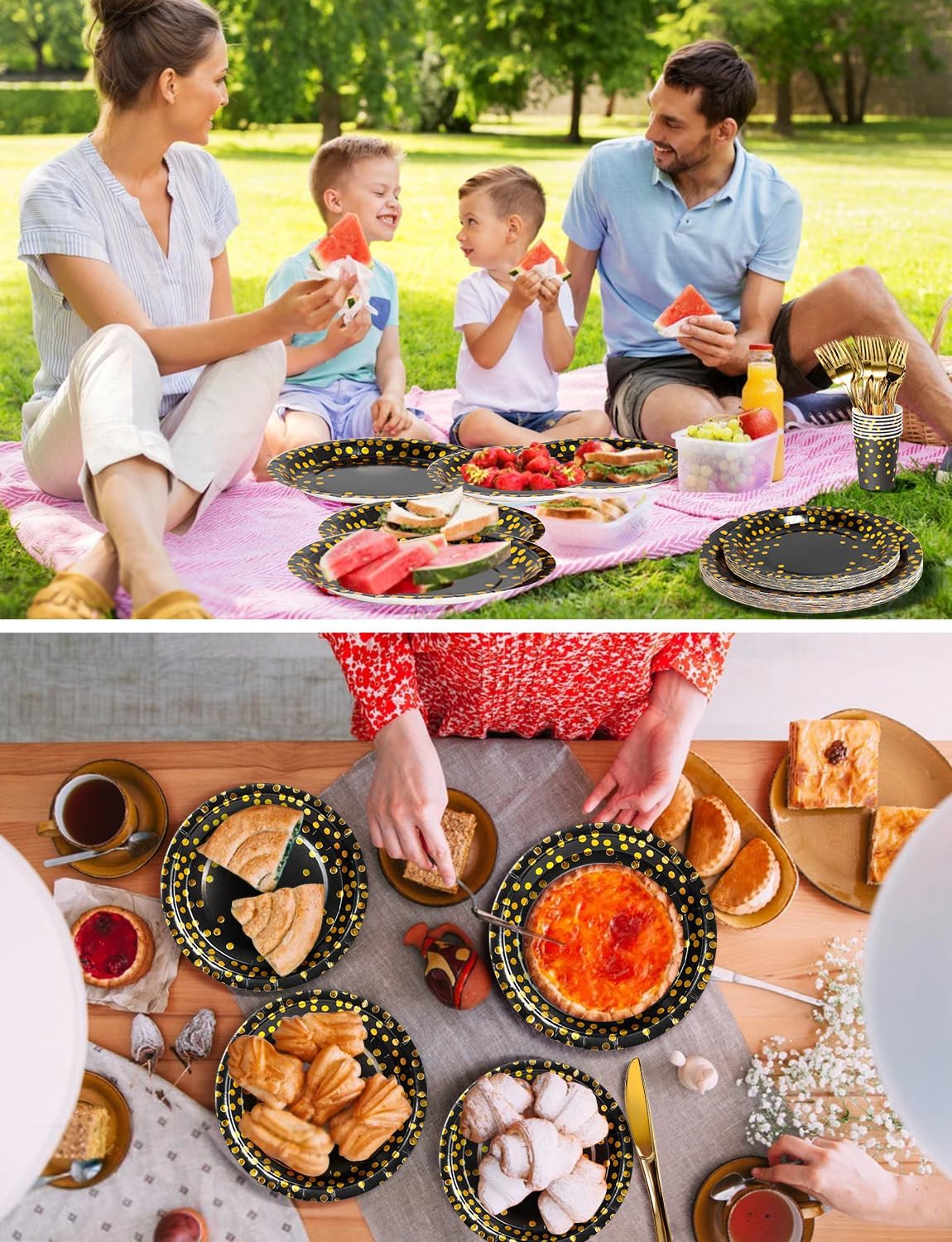 141 Pieces Black Gold Party Supplies, Party Dinnerware Sets Include Paper Plates Napkins Cups Silverware, for Wedding Bridal Shower Engagement Birthday Parties Decoration -20 Serves