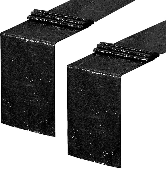 Sequin Table Runners 2 Pieces Black Table Runners 12x72Inch Glitter Dining Table Cover for Party Wedding Birthday Reception Banquet Decoration Halloween Party Chair Sashes