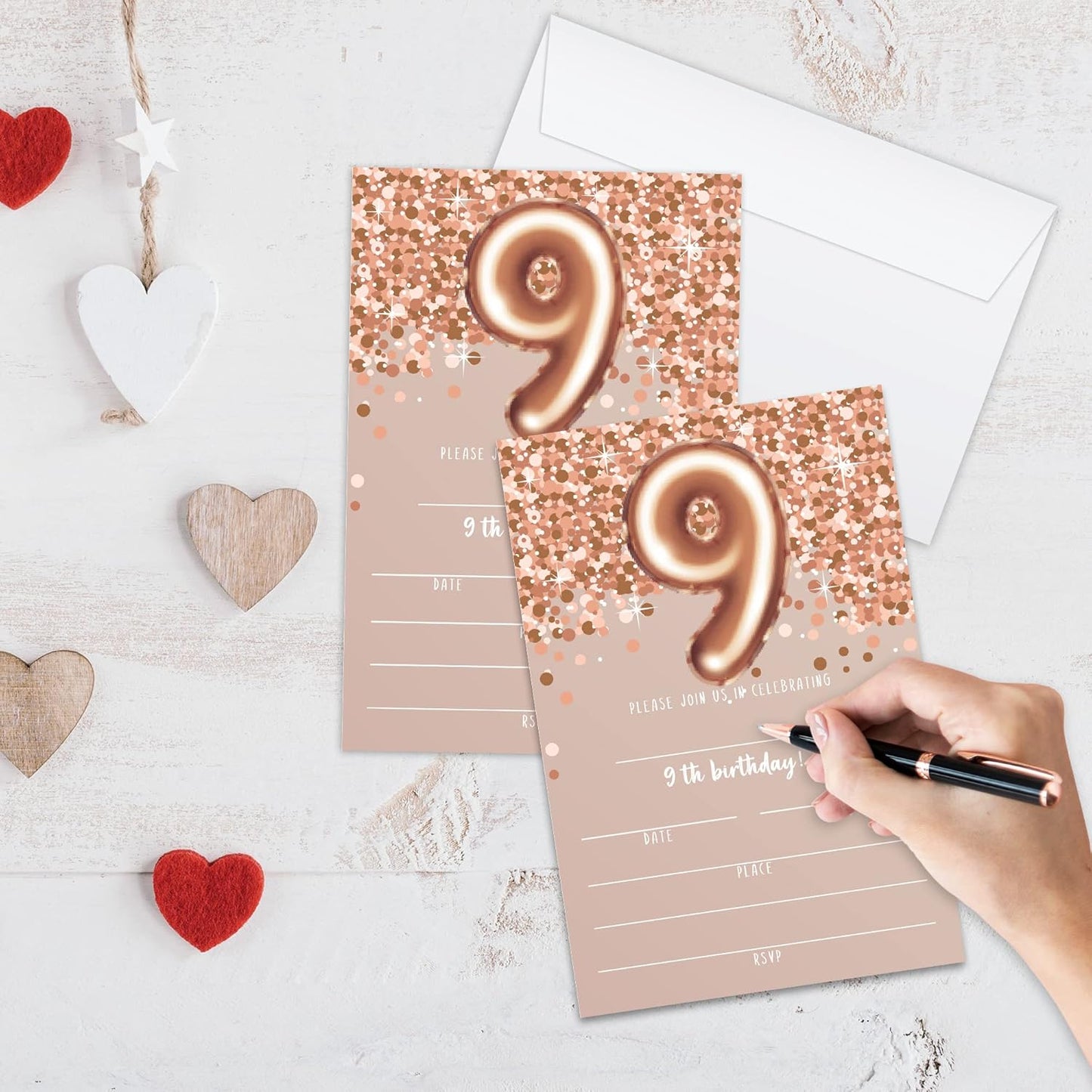 9th Birthday Invitation Cards, Rose Gold Glitter 9th Birthday Party Invites, Kids Happy Birthday Party Decorations Supplies, 20 Fill-in Cards with Envelopes for Boys or Girls Party Celebration - C01
