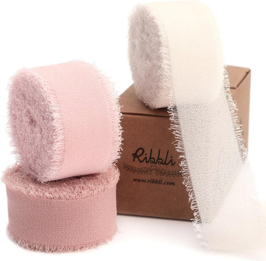 Ribbli Pink Ribbon 1 Inch x 3 Rolls Total 24 Yards Cream/Blush Pink/Rose Gold Handmade Fringe Chiffon Silk Ribbon for Wrapping Wedding Invitations Bridal Bouquets DIY Crafts Home Decor