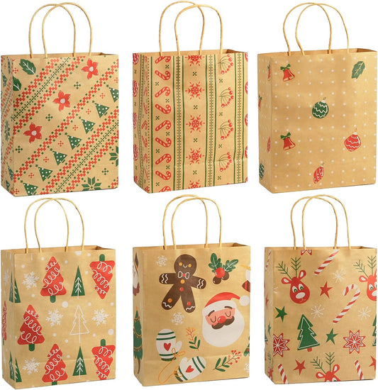 Ogrmar 24 PCS Christmas Gift Bags Kraft Holiday Wrapping Paper Bags with Christmas Prints for Holiday Party Favors Xmas Gift Box Packaging